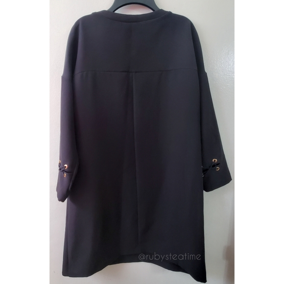 ZARA Criss Cross / Cut Out Neckline, Black Shift Dress with Gold/Brass Hardware - Picture 3 of 7